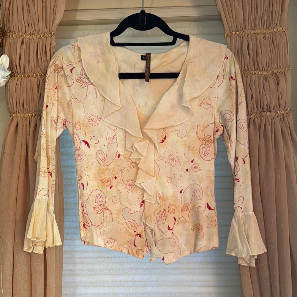 Language Los Angeles Cream and Red Knit Top with Sheer Ruffles